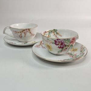 Vtg Kent Springfield Cup Saucer 2 Sets Floral Grannycore Gold Trim 5 3/4" Floral